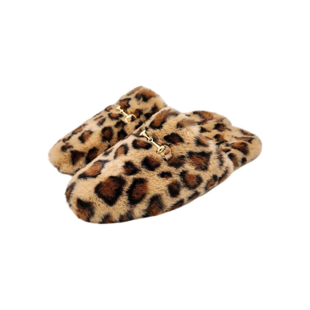 Ann Taylor Weekend Collection Leopard Print Horse Bit Fuzzy Slide Slippers 9.5